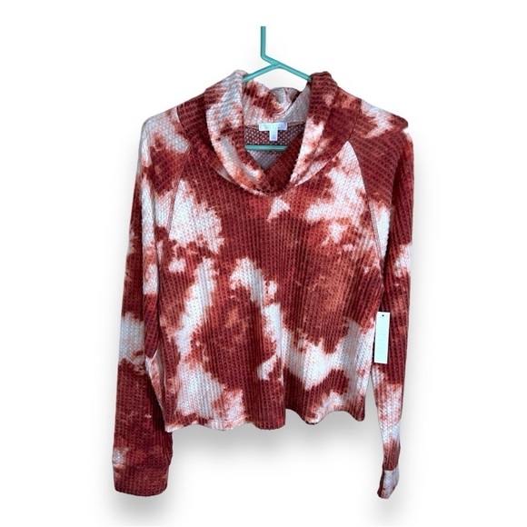 NEW MEDIUM ABOUND RED WHITE TIE DYE WAFFLE KNIT CROPPED COWL NECK TOP - Picture 1 of 10